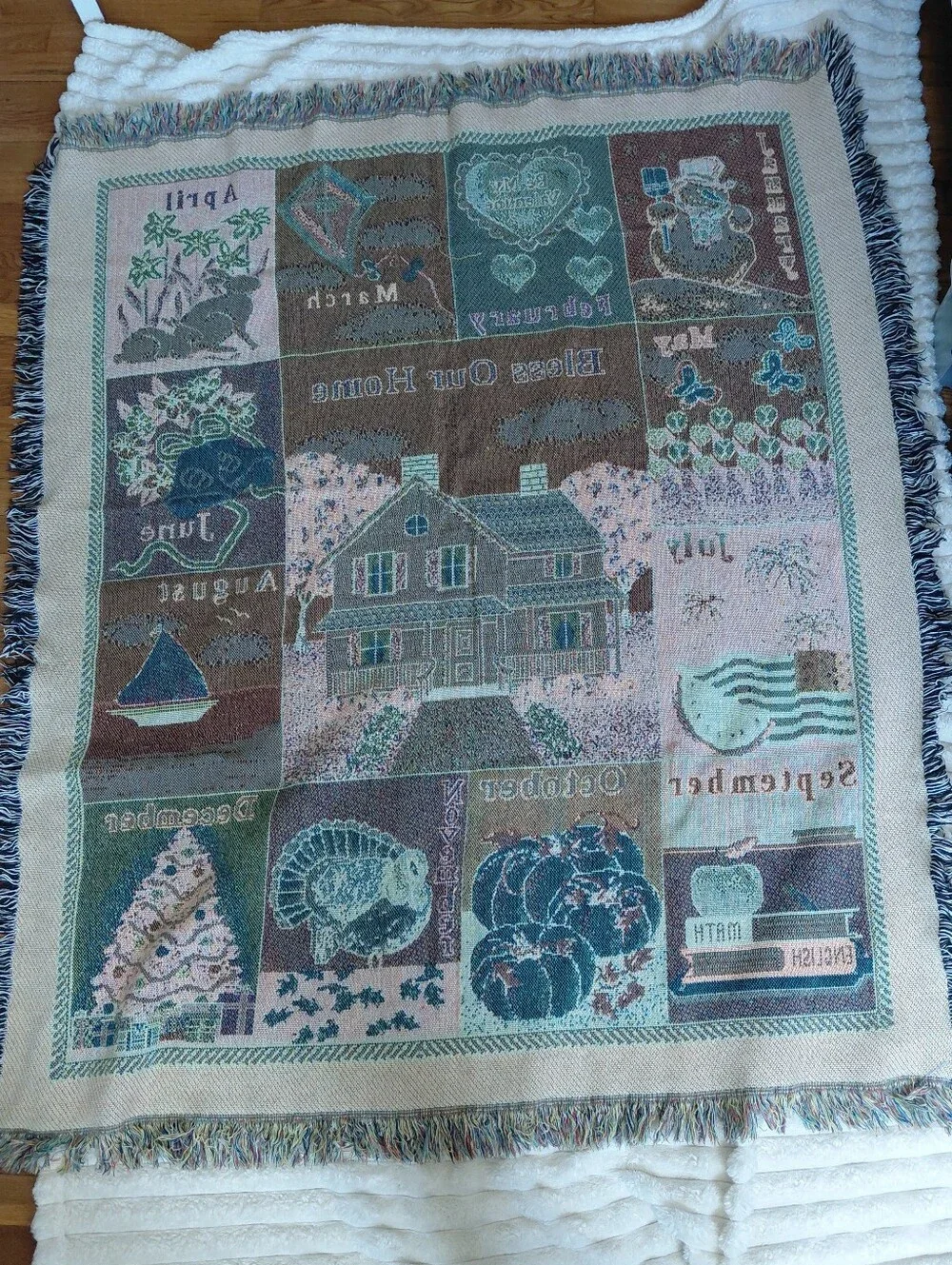 Cotton woven holiday calendar bless our home cottagecore throw blanket